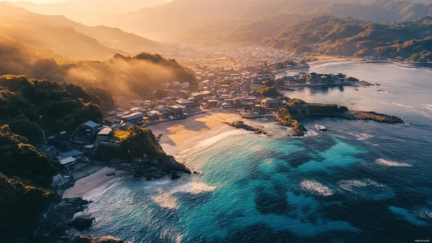 A breathtaking aerial view of a Japan coastal town where ocean waves sparkle under morning light.