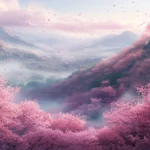 A breathtaking panoramic view of Japanese cherry blossom trees stretching endlessly across a spring hillside.