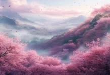 A breathtaking panoramic view of Japanese cherry blossom trees stretching endlessly across a spring hillside.