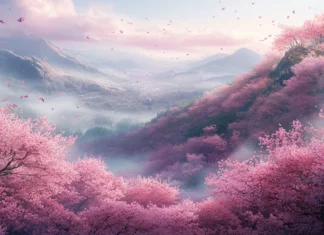 A breathtaking panoramic view of Japanese cherry blossom trees stretching endlessly across a spring hillside.