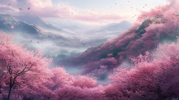 A breathtaking panoramic view of Japanese cherry blossom trees stretching endlessly across a spring hillside.