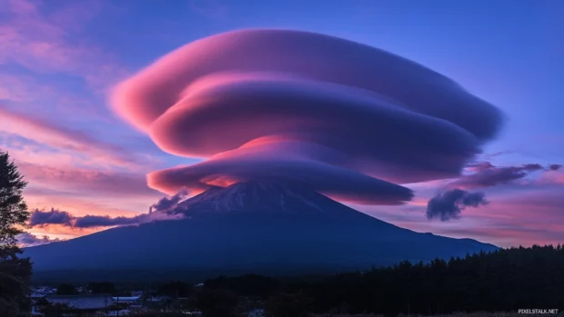 A breathtaking sunrise over Mount Fuji with pink clouds glowing softly in the morning light.