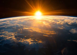 A breathtaking sunset casting light on Earths atmosphere, high resolution satellite imagery.