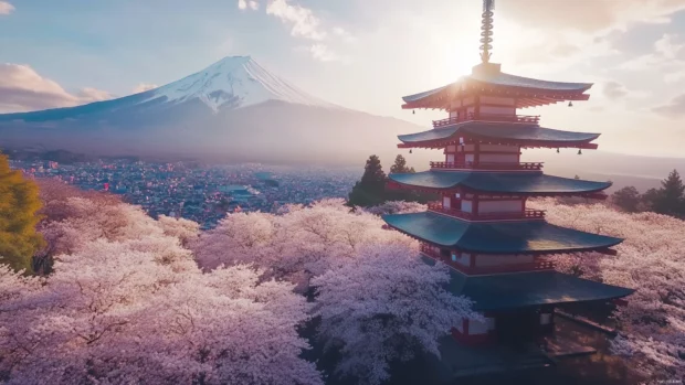 A breathtaking view of Mount Fuji with Japan cherry blossoms in full bloom, crisp 4K detail.
