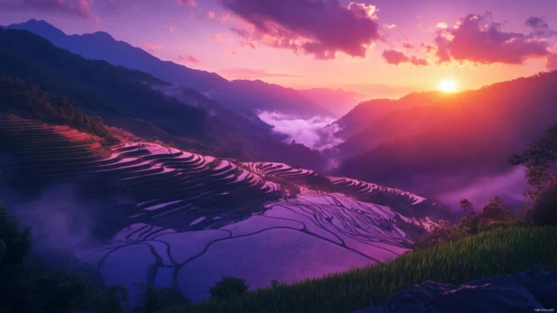 A breathtaking view of terraced rice fields in Japan glowing with sunset light under a purple sky.