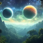 A breathtaking view where a dense rainforest opens to a sky painted with distant planets and shimmering constellations.