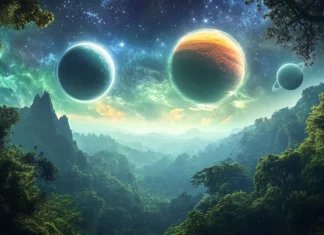 A breathtaking view where a dense rainforest opens to a sky painted with distant planets and shimmering constellations.