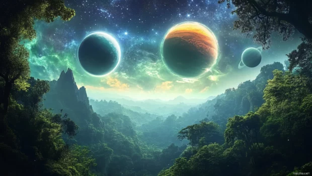 A breathtaking view where a dense rainforest opens to a sky painted with distant planets and shimmering constellations.