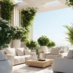 A bright Luxury terrace with minimal furniture and lush green plants under morning light.