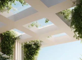 A bright Luxury terrace with minimal furniture and lush green plants under morning light.