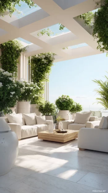 A bright Luxury terrace with minimal furniture and lush green plants under morning light.