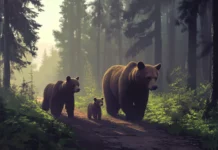 A brown bear family walking across a forest trail in early morning mist.