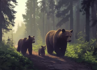 A brown bear family walking across a forest trail in early morning mist.
