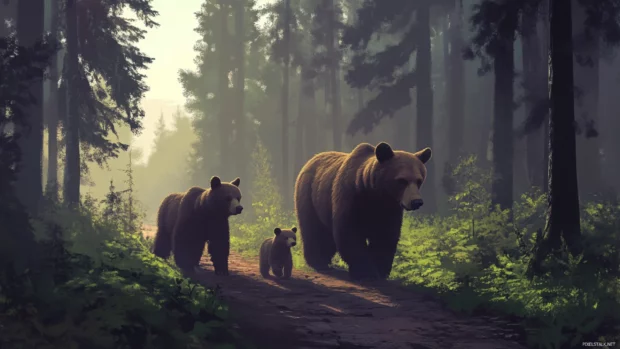 A brown bear family walking across a forest trail in early morning mist.