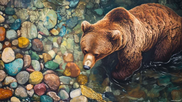 A brown bear fishing in a stream with clear water and vibrant pebbles below.