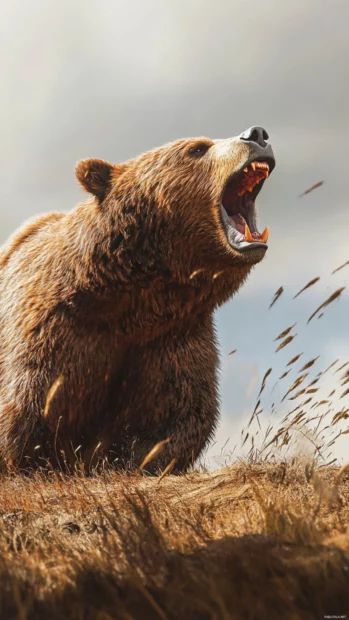 A brown bear roaring on top of a hill, wind blowing through fur, cinematic realism.