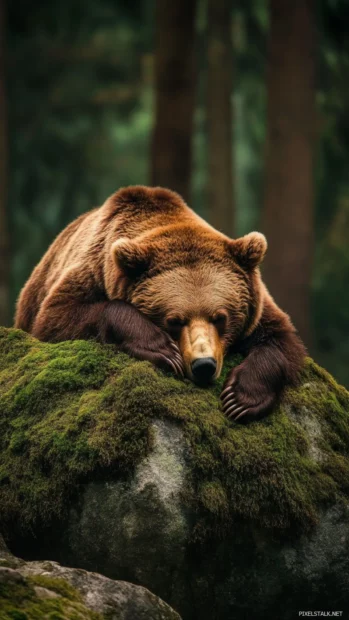 A brown bear sleeping on a moss covered rock in a quiet forest.