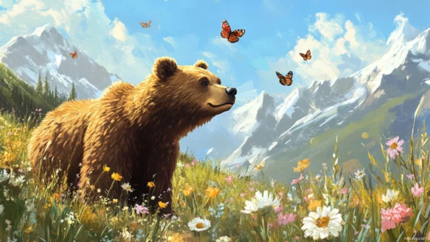 A brown bear sniffing flowers in a highland meadow with butterflies.