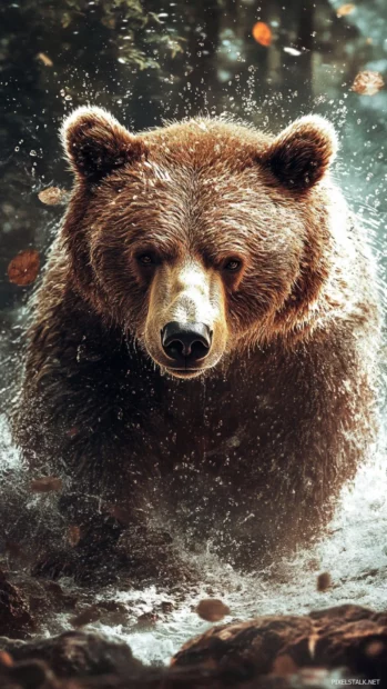 A brown bear standing in a narrow stream with water splashing.