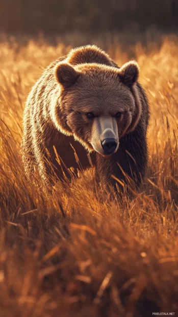 A brown bear walking through tall golden grass at dusk.