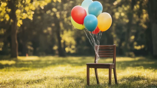 A bunch of helium birthday balloons tied to a wooden chair in the park.
