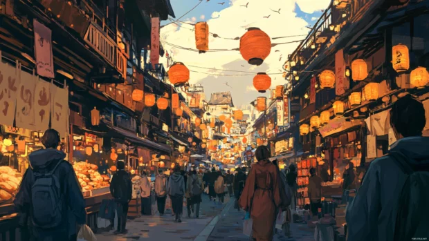 A bustling Japan market street where lanterns and banners hang between wooden shopfronts.