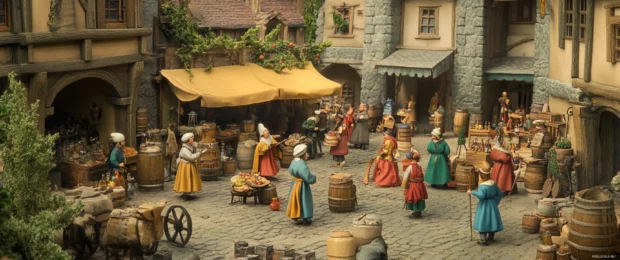 A bustling medieval marketplace alive with characters and color captured in 3440x1440 ultra wide.