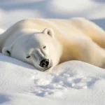 A calm Polar Bear lying on a snowy plain with the wind forming ripples in the snow.