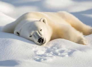 A calm Polar Bear lying on a snowy plain with the wind forming ripples in the snow.