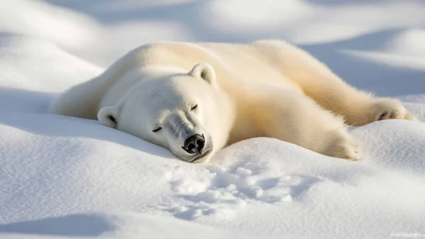 A calm Polar Bear lying on a snowy plain with the wind forming ripples in the snow.