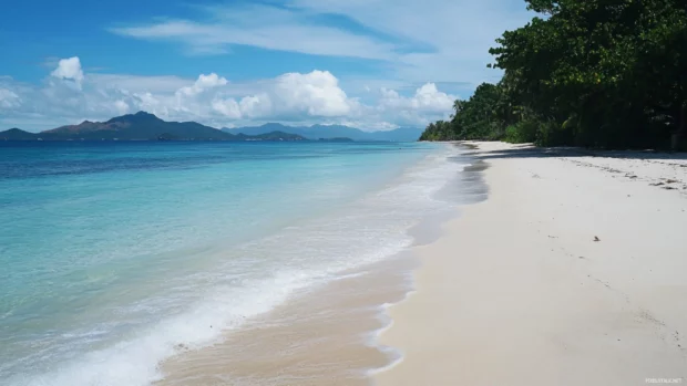 A calm beach with turquoise waves gently washing over white sands.