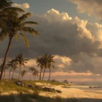 A calm beachfront with scattered Palm trees under a dramatic cloudy sunset.