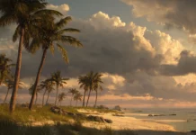 A calm beachfront with scattered Palm trees under a dramatic cloudy sunset.