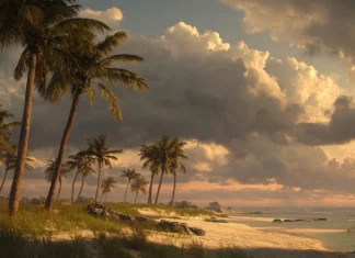 A calm beachfront with scattered Palm trees under a dramatic cloudy sunset.