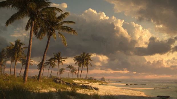 A calm beachfront with scattered Palm trees under a dramatic cloudy sunset.