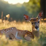 A calm evening meadow with a resting deer.