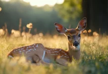 A calm evening meadow with a resting deer.