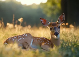 A calm evening meadow with a resting deer.