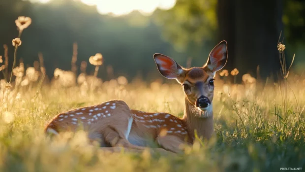 A calm evening meadow with a resting deer.