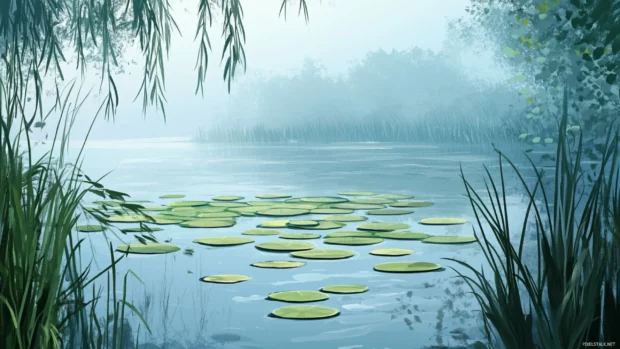 A calm lake with floating lily pads surrounded by tall grasses.
