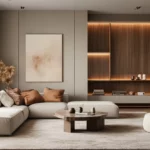 A calm living room interior decorated in Earth tone style, cozy and soft tones.