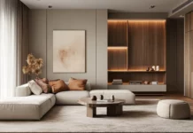 A calm living room interior decorated in Earth tone style, cozy and soft tones.