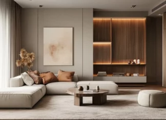 A calm living room interior decorated in Earth tone style, cozy and soft tones.