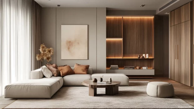 A calm living room interior decorated in Earth tone style, cozy and soft tones.