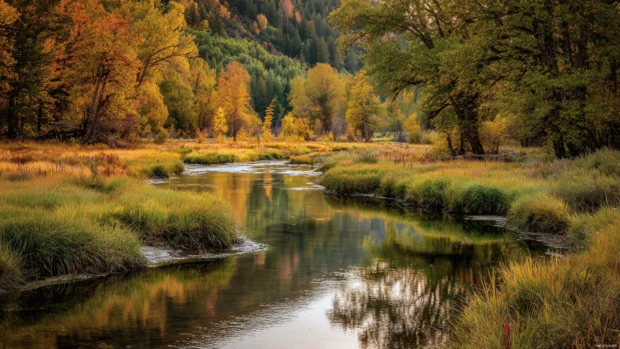 A calm river reflecting the fiery colors of fall landscape as it gently curves between woodlands and meadows.