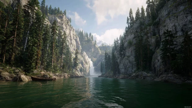 A calm river winding toward a distant Waterfall nestled between towering cliffs.