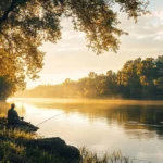 A calm riverbank scene with an angler immersed in fly fishing during golden hour.