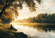 A calm riverbank scene with an angler immersed in fly fishing during golden hour.