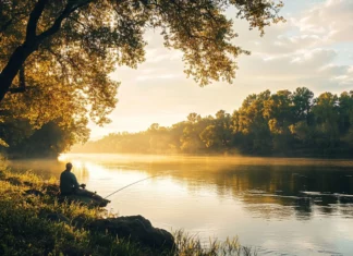 A calm riverbank scene with an angler immersed in fly fishing during golden hour.
