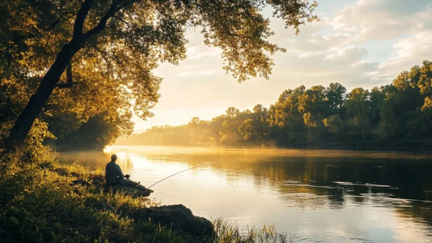 A calm riverbank scene with an angler immersed in fly fishing during golden hour.